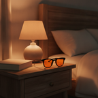 Nordew Halo round evening light glasses on a warm bedside nightstand