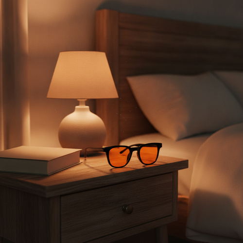 Nordew Halo round evening light glasses on a warm bedside nightstand