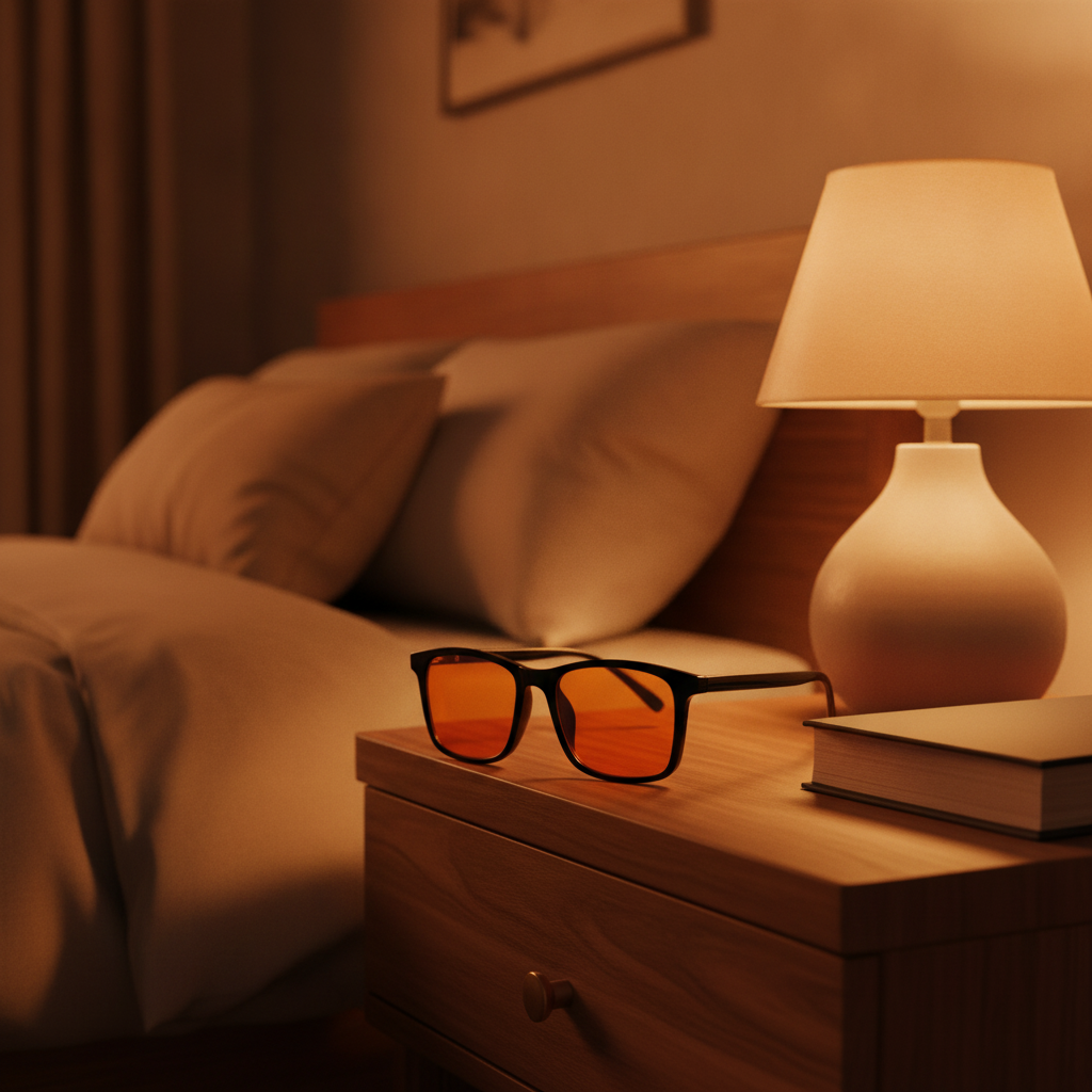 Nordew Nocturne rectangle evening light glasses on a warm bedside nightstand