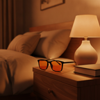 Nordew Nocturne rectangle evening light glasses on a warm bedside nightstand