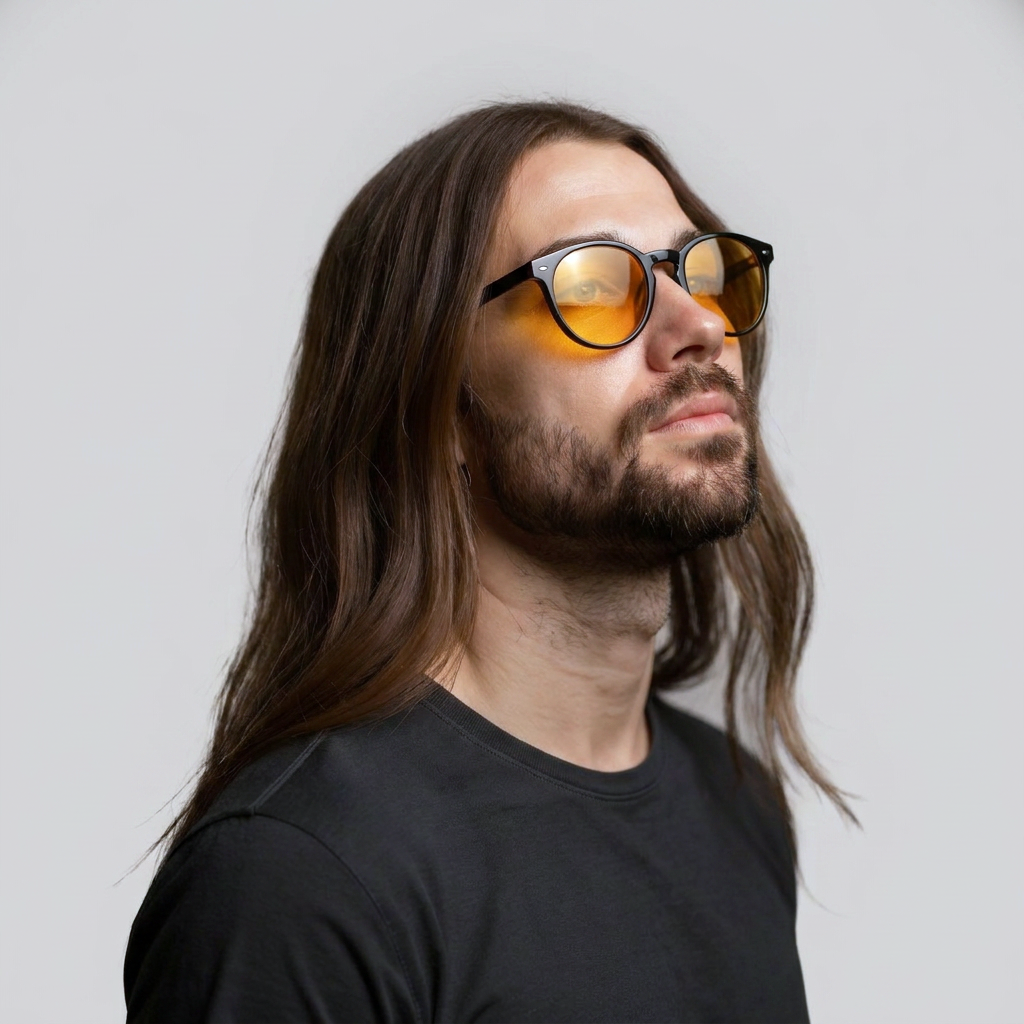 Nordew XBLUE Björn worn by model, amber evening lens