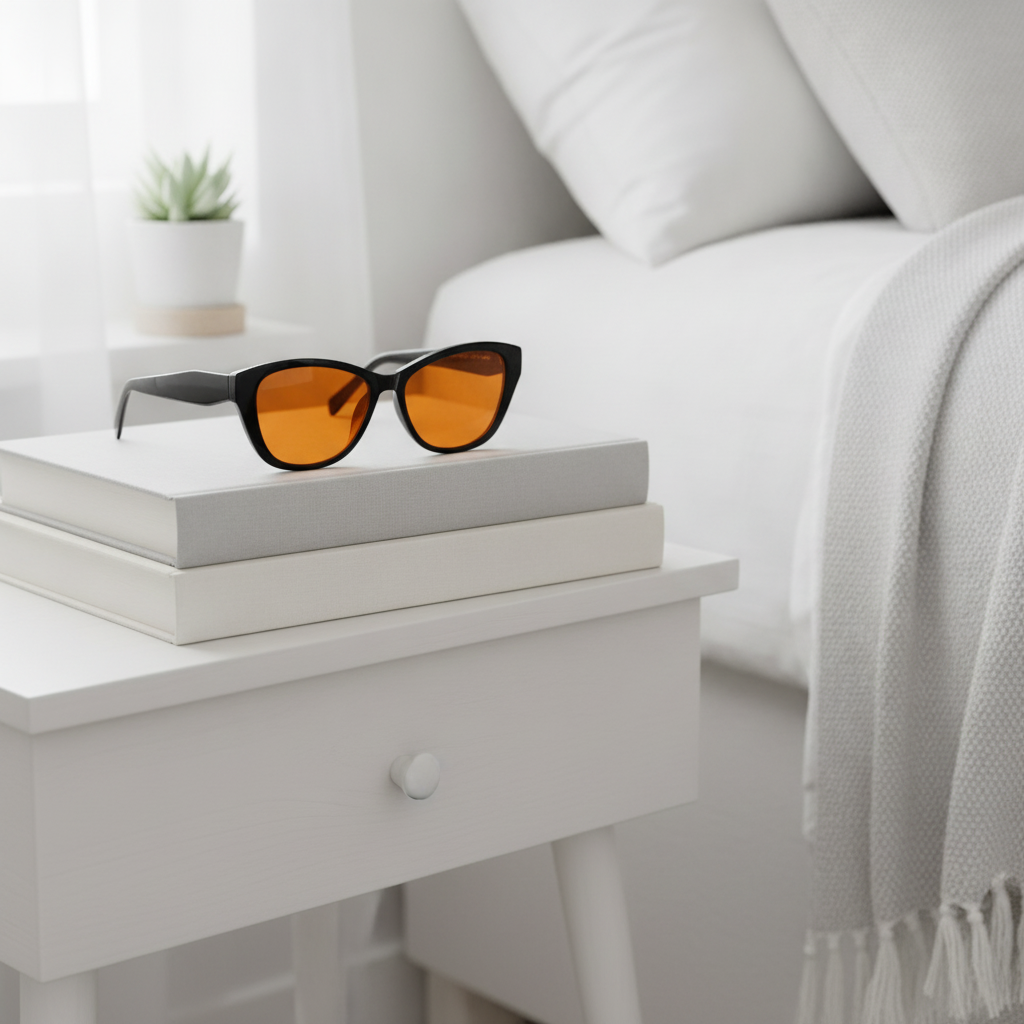 Nordew Kitty cat-eye evening light glasses on a warm bedside nightstand