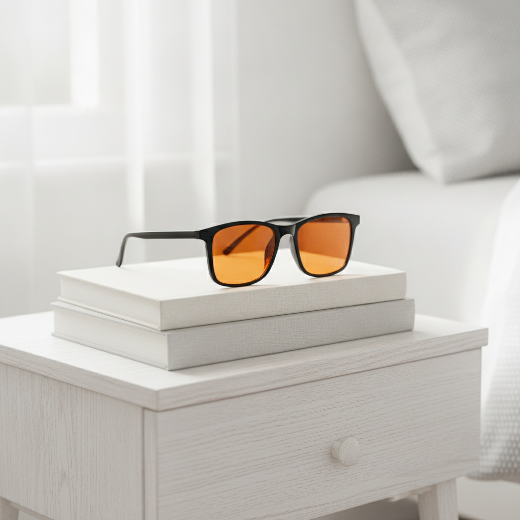 Nordew Nocturne rectangle evening light glasses on a warm bedside nightstand